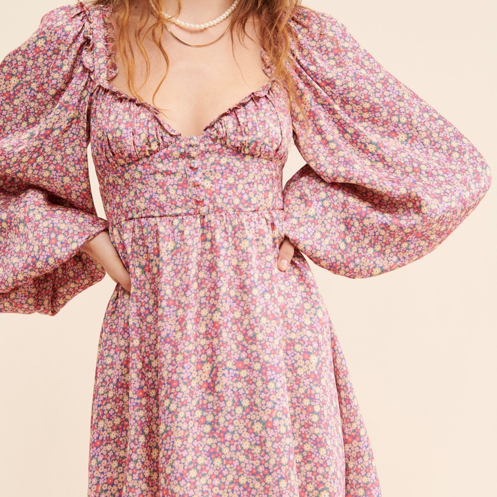 For Love & Lemons Corset Style Pink Floral Print Puffed Long Sleeve Mini Dress